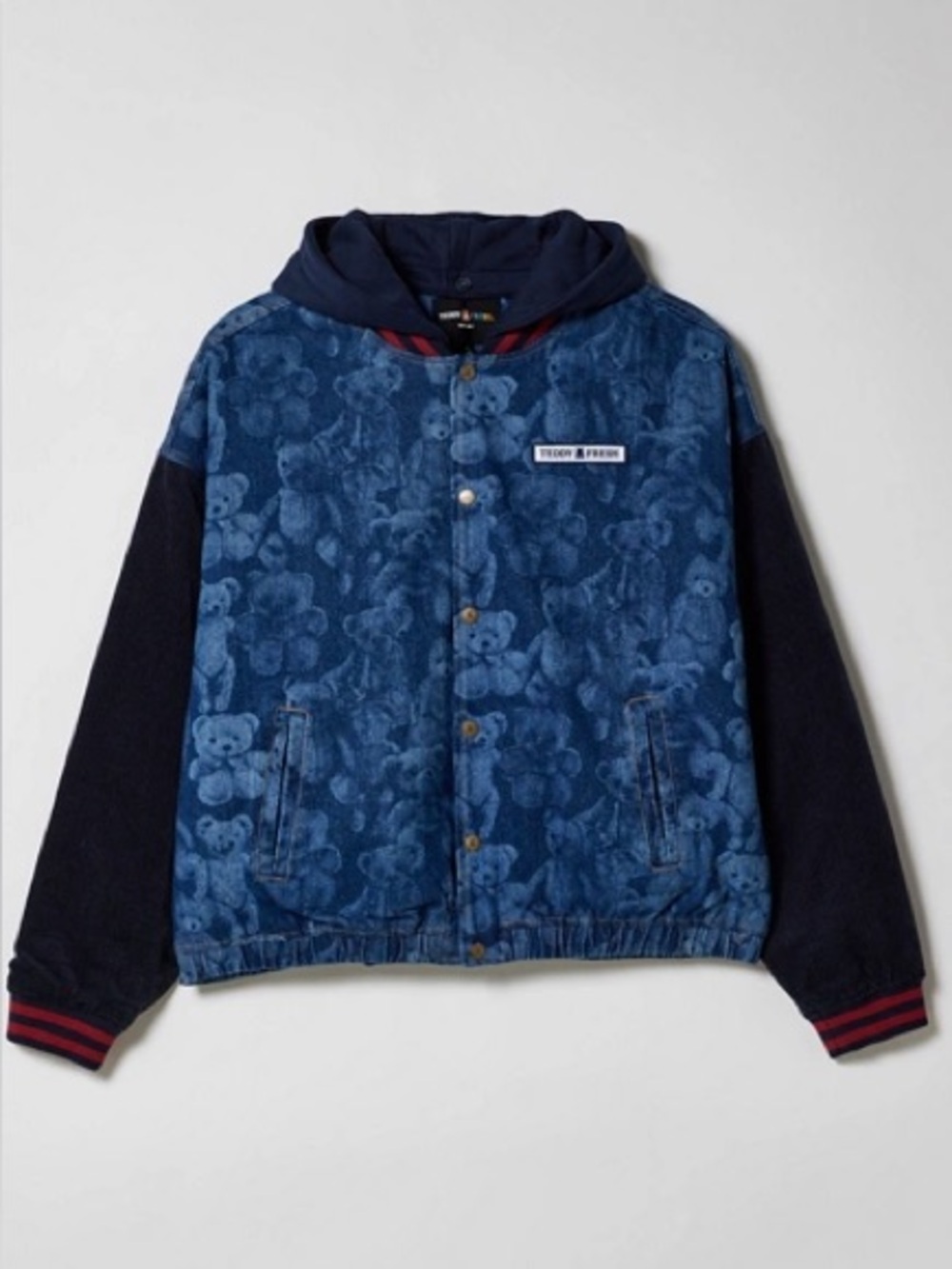Teddy Fresh Blue Bear Print Hooded Snap Denim Jacket NWT 3XL